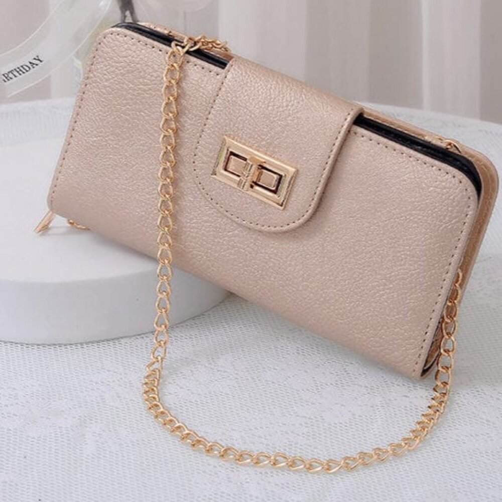 Champagne Gold Turn Lock Crossbody Wallet